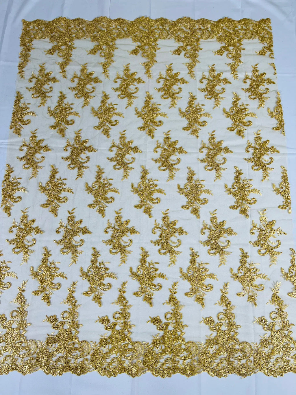 Lace Flower Cluster Fabric - Gold - Embroidered Flower With Sequins on a Mesh Lace Fabric By Yard
