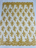 Lace Flower Cluster Fabric - Gold - Embroidered Flower With Sequins on a Mesh Lace Fabric By Yard