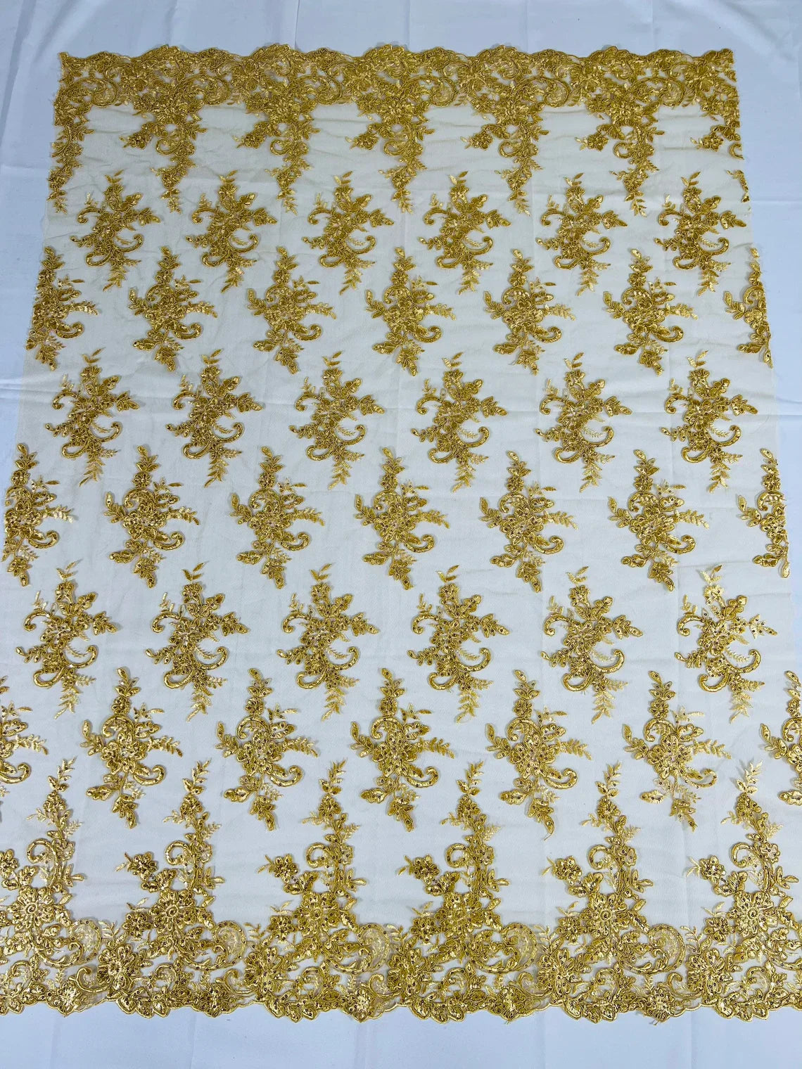 Lace Flower Cluster Fabric - Gold - Embroidered Flower With Sequins on a Mesh Lace Fabric By Yard