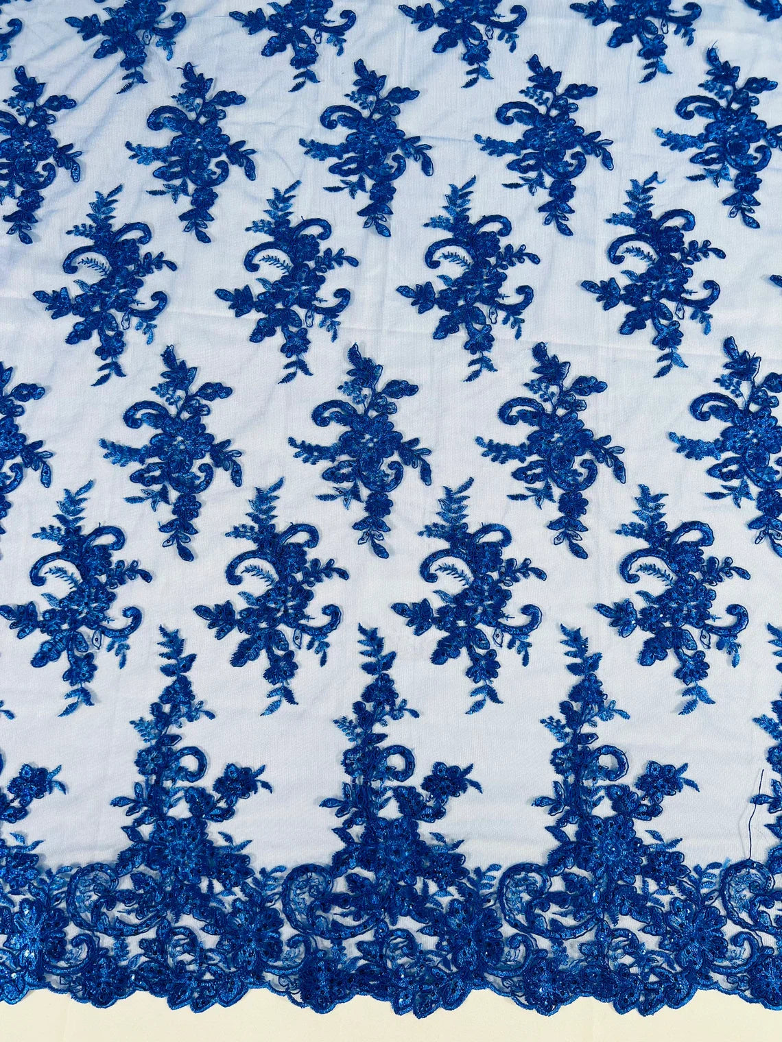 Lace Flower Cluster Fabric - Royal Blue - Embroidered Flower With Sequins on a Mesh Lace Fabric By Yard