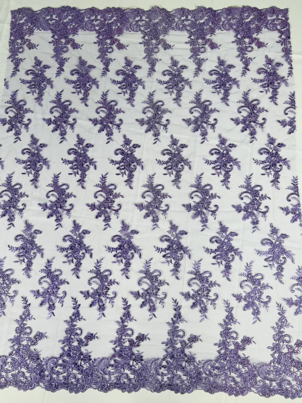 Lace Flower Cluster Fabric - Lilac - Embroidered Flower With Sequins on a Mesh Lace Fabric By Yard