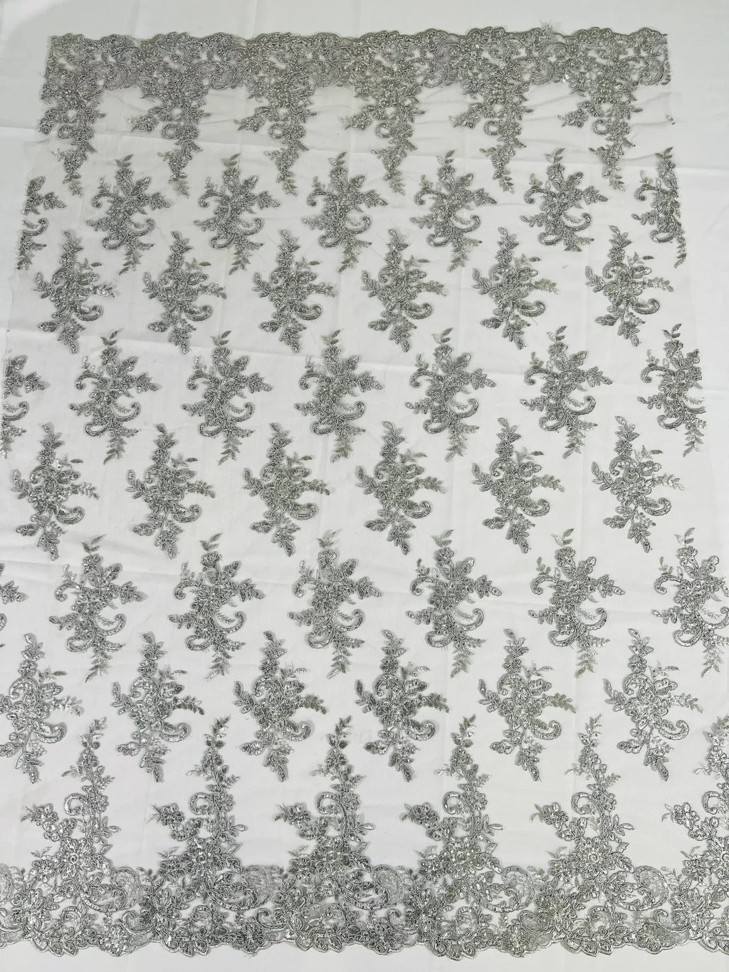 Lace Flower Cluster Fabric - Silver - Embroidered Flower With Sequins on a Mesh Lace Fabric By Yard