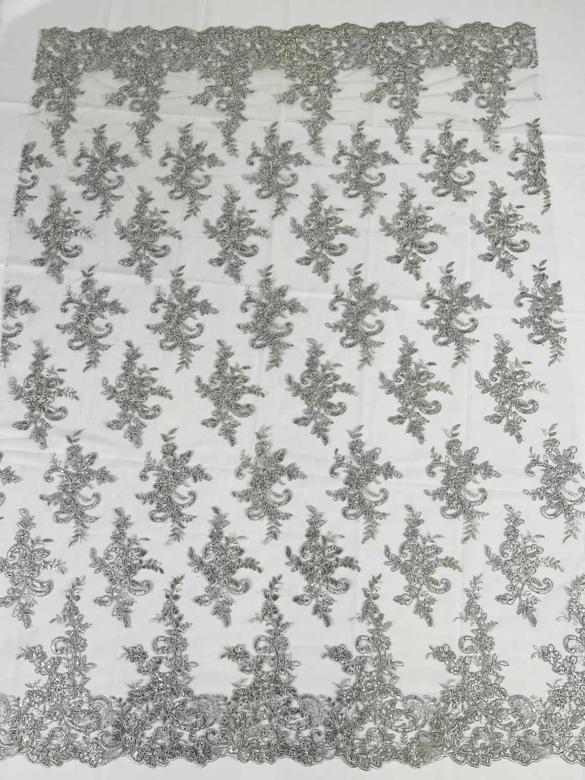 Lace Flower Cluster Fabric - Silver - Embroidered Flower With Sequins on a Mesh Lace Fabric By Yard