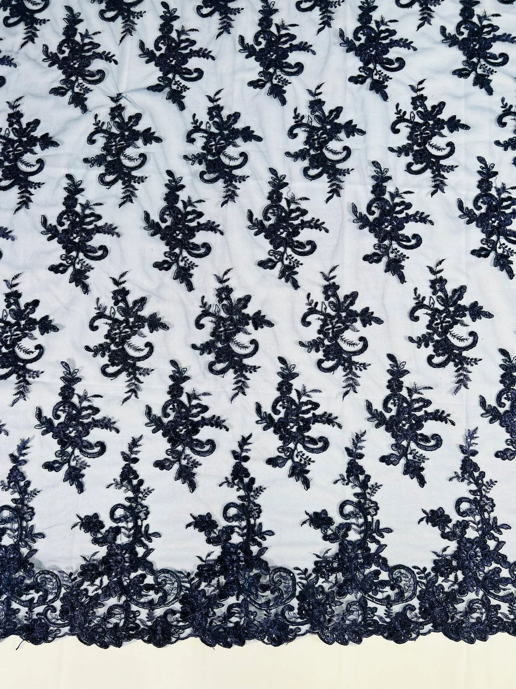 Lace Flower Cluster Fabric - Navy Blue - Embroidered Flower With Sequins on a Mesh Lace Fabric By Yard