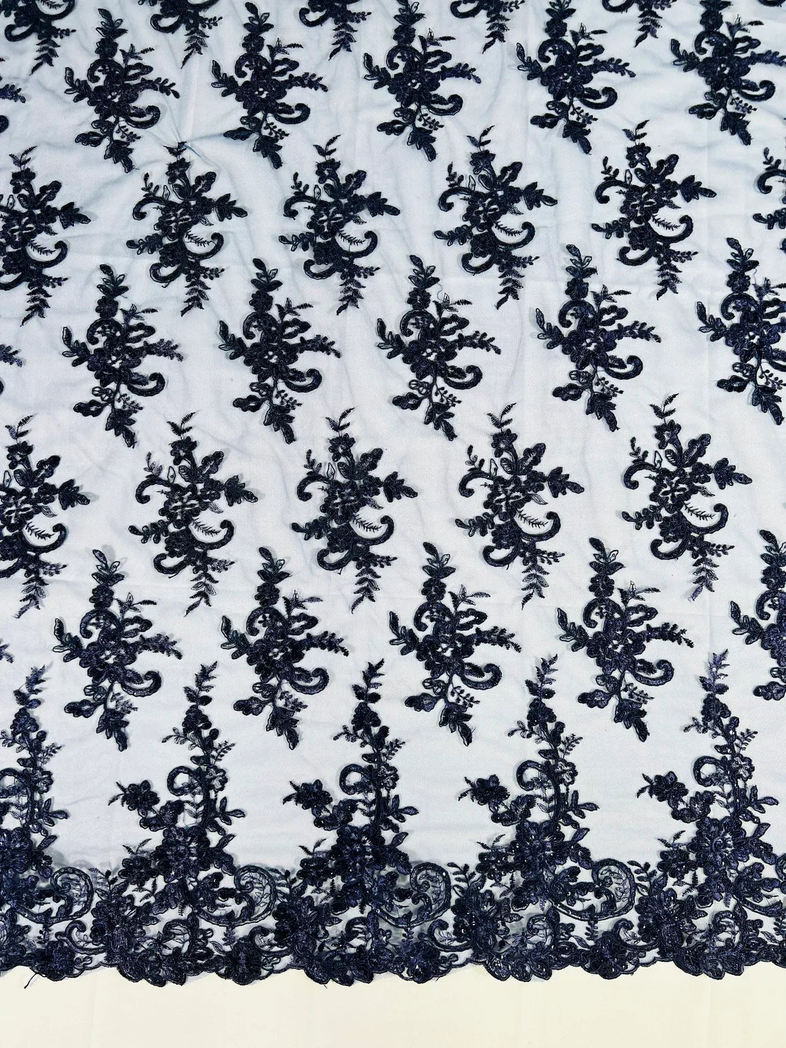 Lace Flower Cluster Fabric - Navy Blue - Embroidered Flower With Sequins on a Mesh Lace Fabric By Yard
