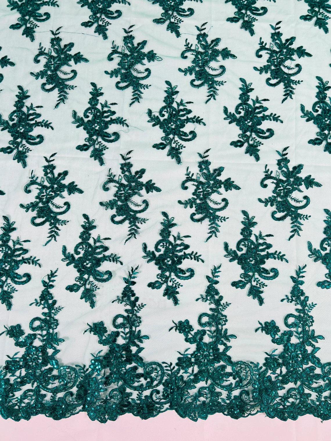 Lace Flower Cluster Fabric - Turquoise - Embroidered Flower With Sequins on a Mesh Lace Fabric By Yard