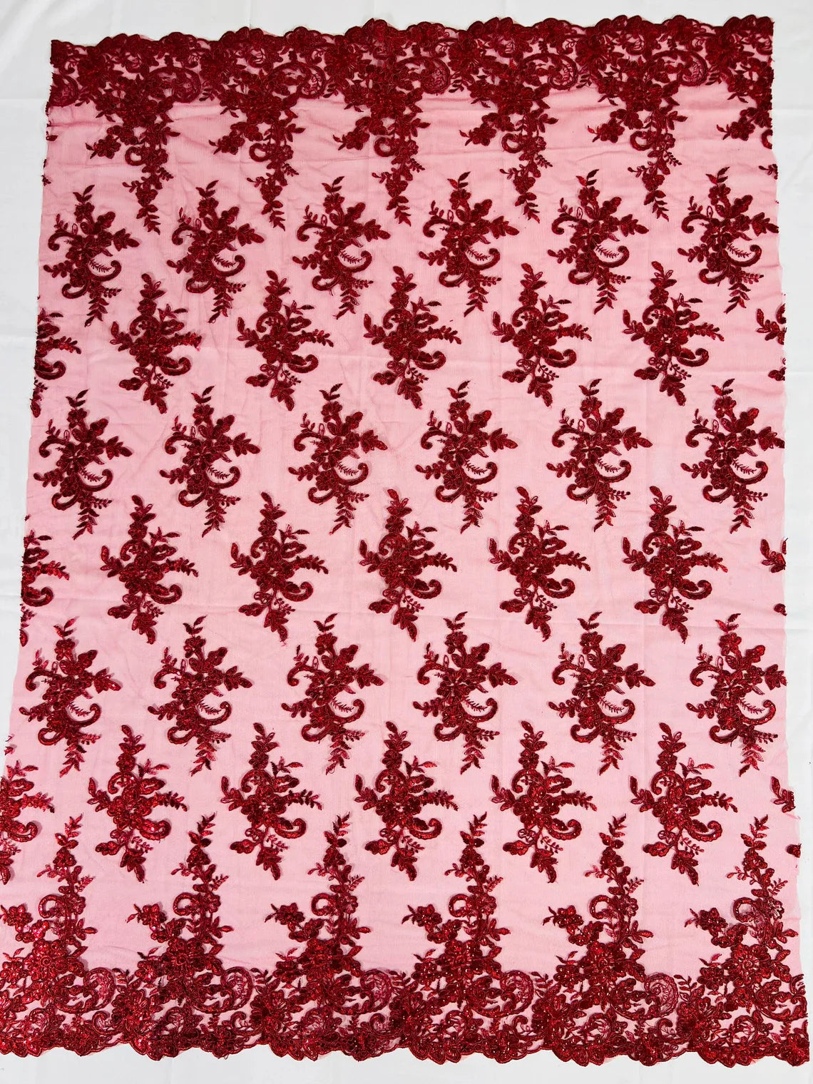 Lace Flower Cluster Fabric - Burgundy - Embroidered Flower With Sequins on a Mesh Lace Fabric By Yard