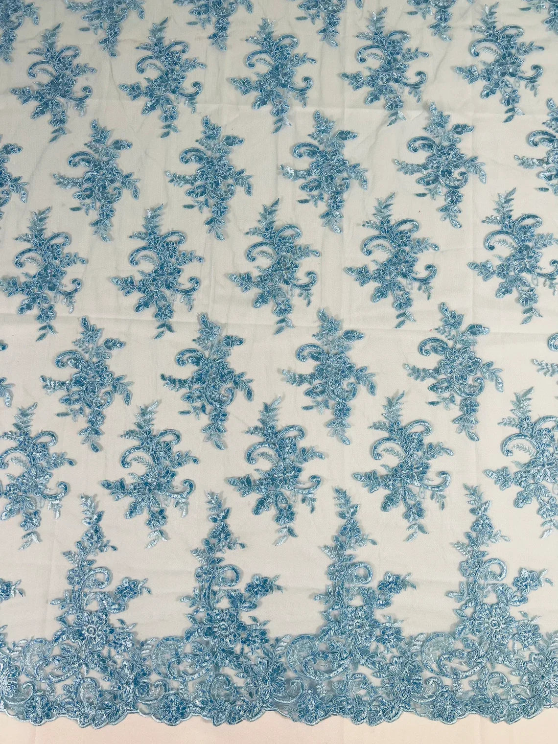 Lace Flower Cluster Fabric - Baby Blue - Embroidered Flower With Sequins on a Mesh Lace Fabric By Yard