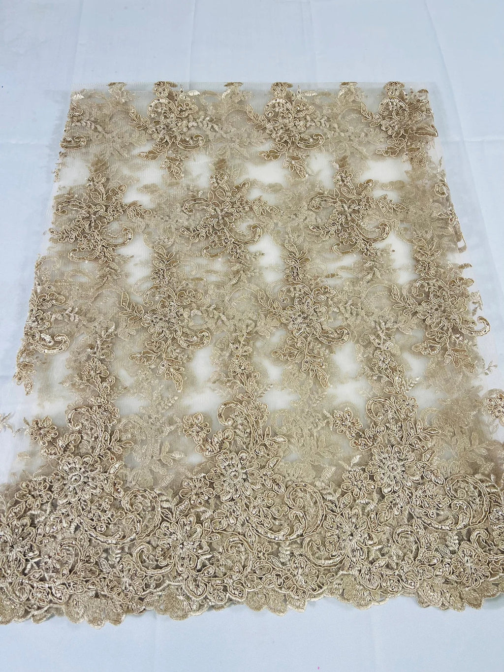 Lace Flower Cluster Fabric - Champagne - Embroidered Flower With Sequins on a Mesh Lace Fabric By Yard