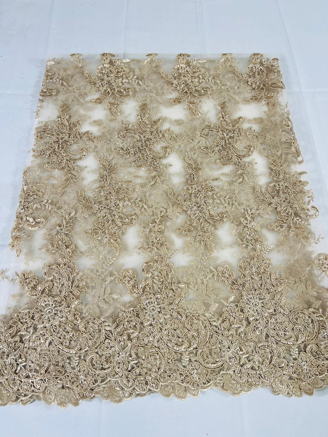 Lace Flower Cluster Fabric - Champagne - Embroidered Flower With Sequins on a Mesh Lace Fabric By Yard