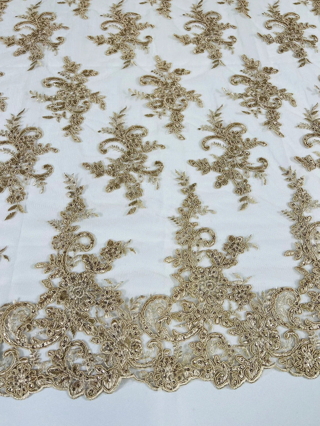 Lace Flower Cluster Fabric - Champagne - Embroidered Flower With Sequins on a Mesh Lace Fabric By Yard