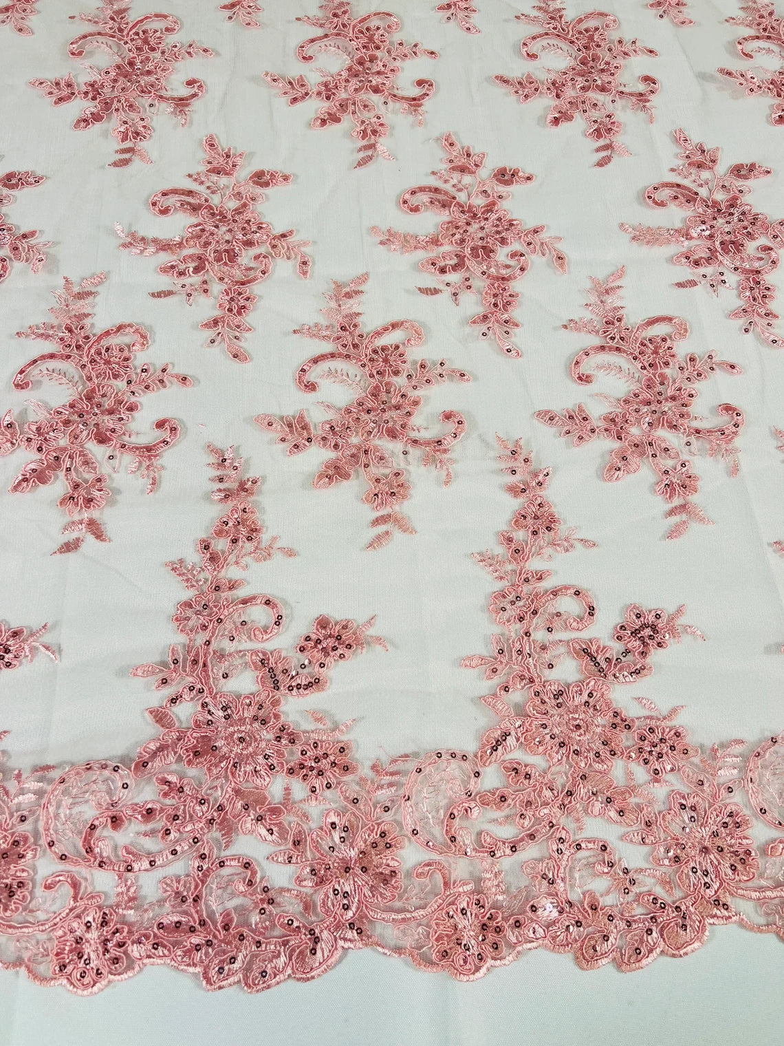 Lace Flower Cluster Fabric - Pink - Embroidered Flower With Sequins on a Mesh Lace Fabric By Yard