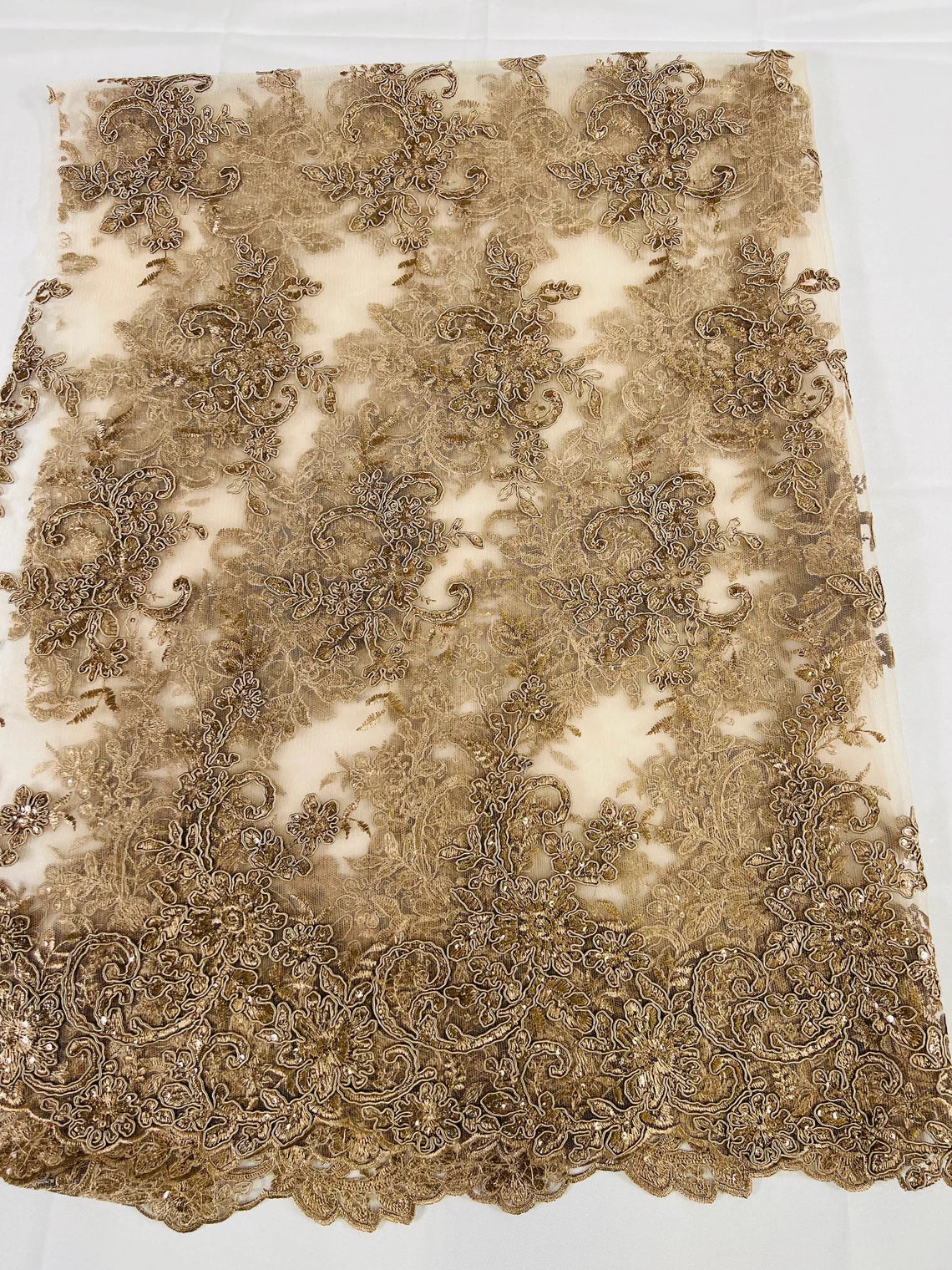 Lace Flower Cluster Fabric - Coffee - Embroidered Flower With Sequins on a Mesh Lace Fabric By Yard