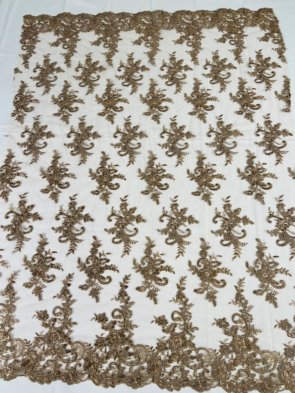 Lace Flower Cluster Fabric - Coffee - Embroidered Flower With Sequins on a Mesh Lace Fabric By Yard