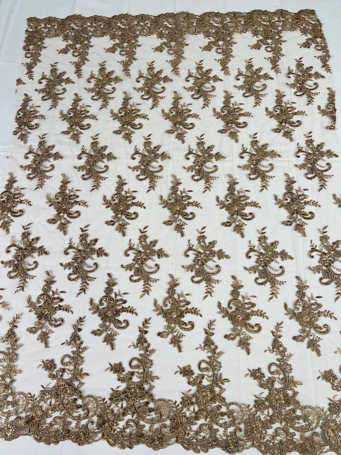 Lace Flower Cluster Fabric - Coffee - Embroidered Flower With Sequins on a Mesh Lace Fabric By Yard
