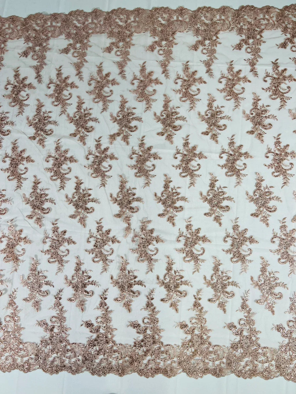 Lace Flower Cluster Fabric - Blush - Embroidered Flower With Sequins on a Mesh Lace Fabric By Yard