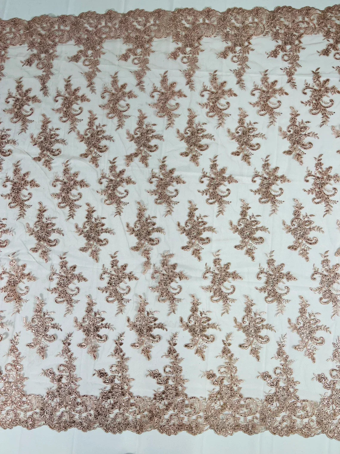 Lace Flower Cluster Fabric - Blush - Embroidered Flower With Sequins on a Mesh Lace Fabric By Yard