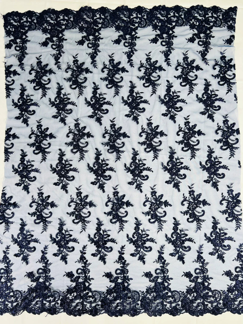 Lace Flower Cluster Fabric - Navy Blue - Embroidered Flower With Sequins on a Mesh Lace Fabric By Yard