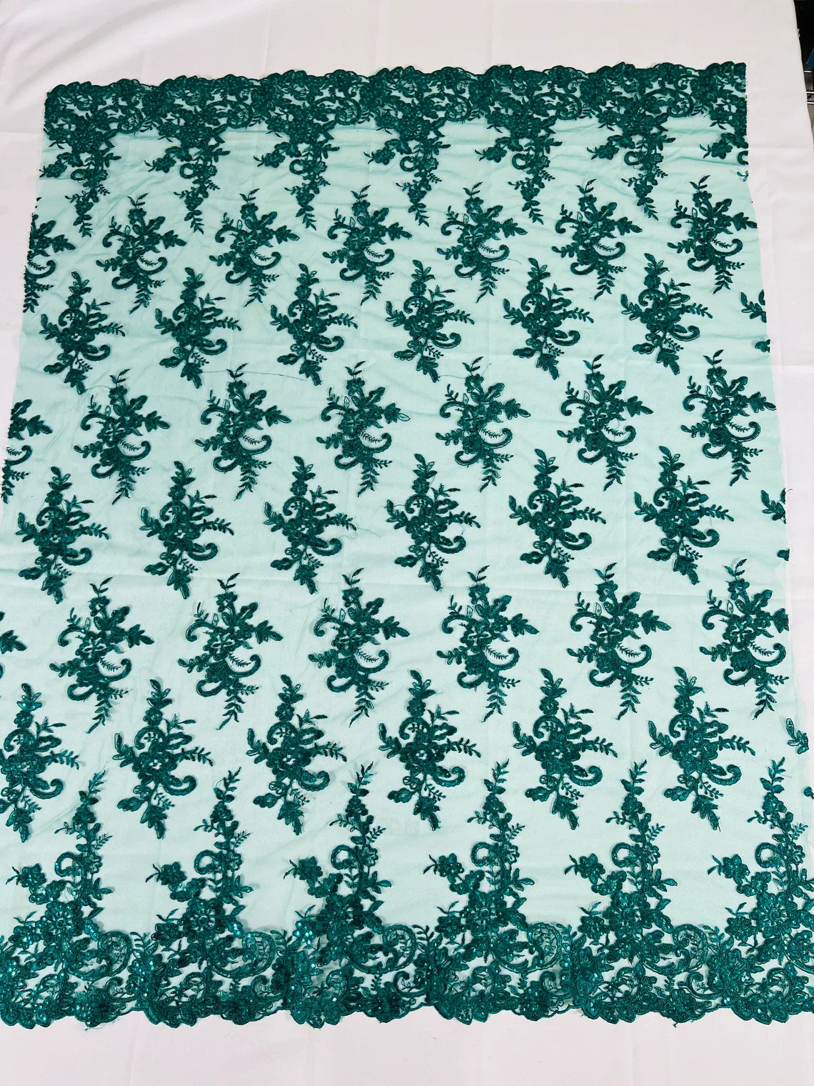 Lace Flower Cluster Fabric - Hunter Green - Embroidered Flower With Sequins on a Mesh Lace Fabric By Yard