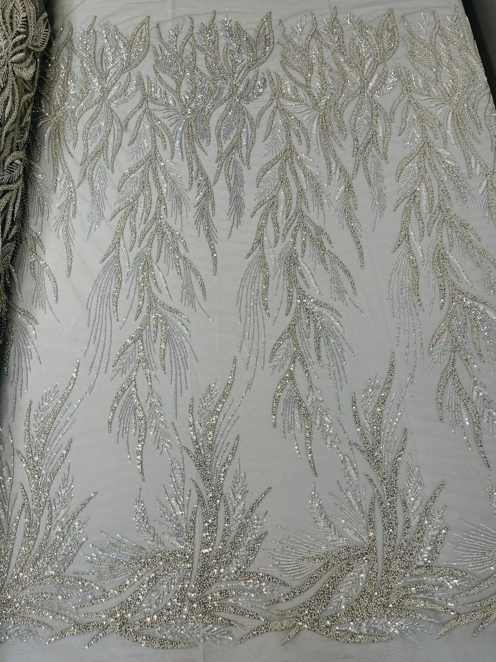 Leaf Pattern Lines Beaded Fabric - Silver - Embroidered Line Beaded Wedding Bridal Fabric Sold By The Yard