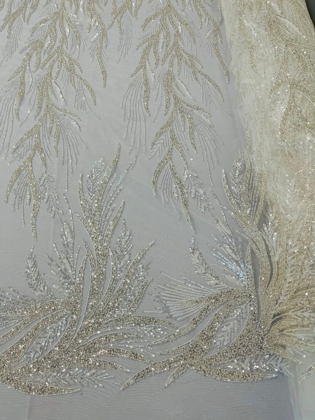 Leaf Pattern Lines Beaded Fabric - Off White - Embroidered Line Beaded Wedding Bridal Fabric Sold By The Yard