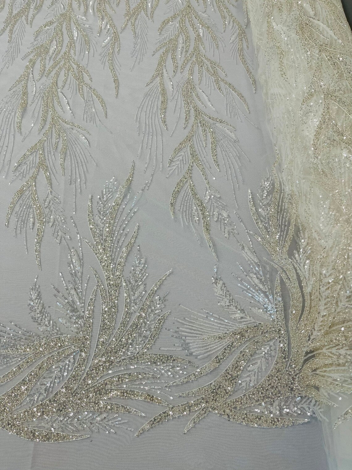Leaf Pattern Lines Beaded Fabric - Off White - Embroidered Line Beaded Wedding Bridal Fabric Sold By The Yard