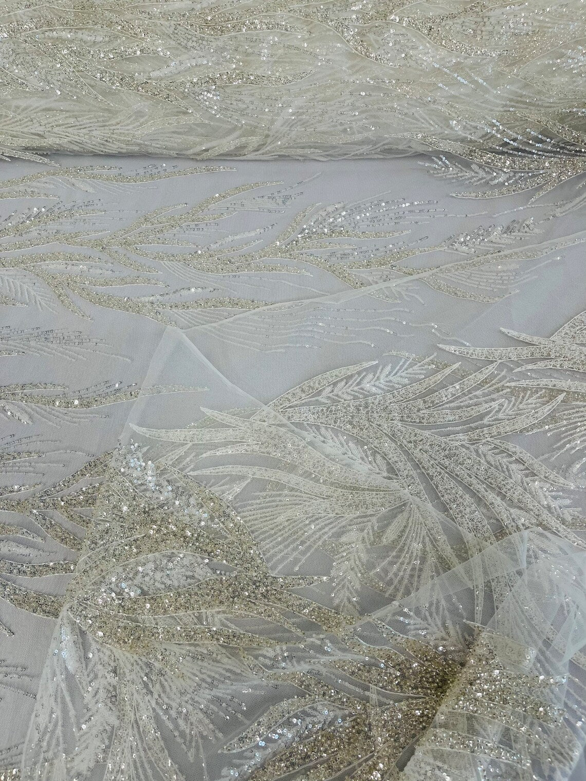 Leaf Pattern Lines Beaded Fabric - Off White - Embroidered Line Beaded Wedding Bridal Fabric Sold By The Yard