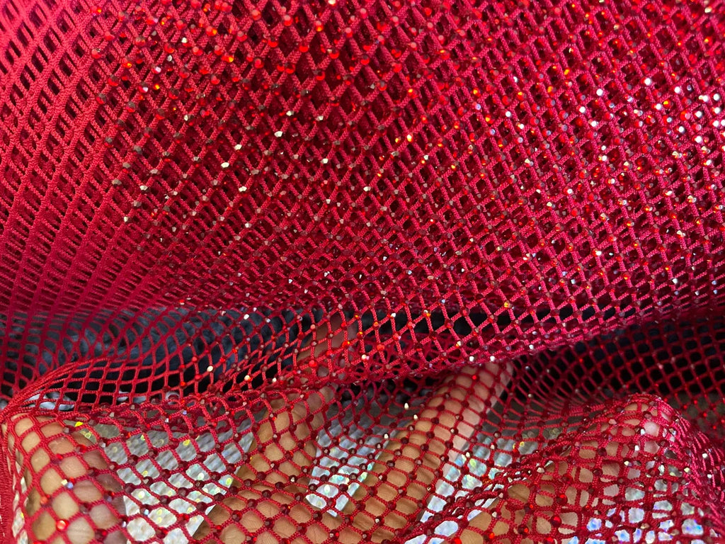 Fish Net Spandex Rhinestone Fabric - Burgundy- Solid Spandex Fish Net Design Fabric with Rhinestones by Yard