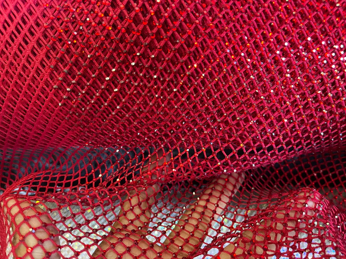 Fish Net Spandex Rhinestone Fabric - Burgundy- Solid Spandex Fish Net Design Fabric with Rhinestones by Yard