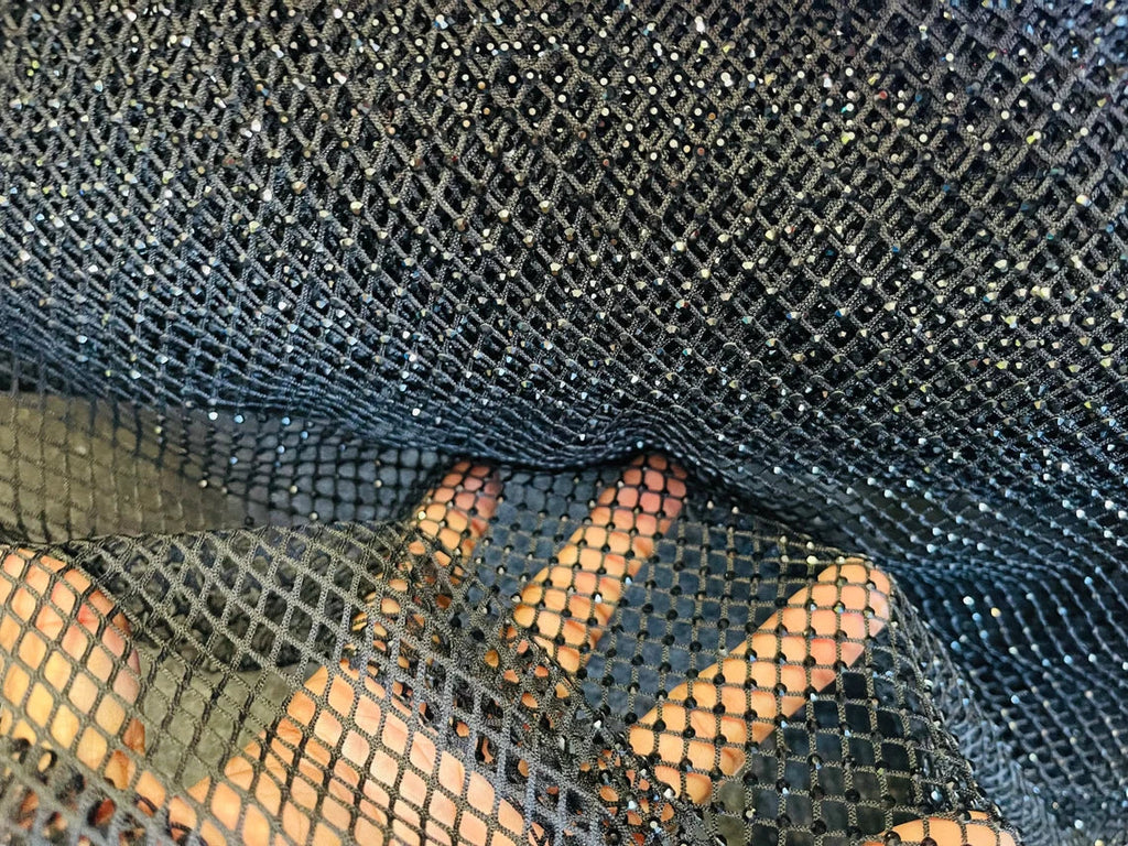 Fish Net Spandex Rhinestone Fabric - Black - Solid Spandex Fish Net Design Fabric with Rhinestones by Yard