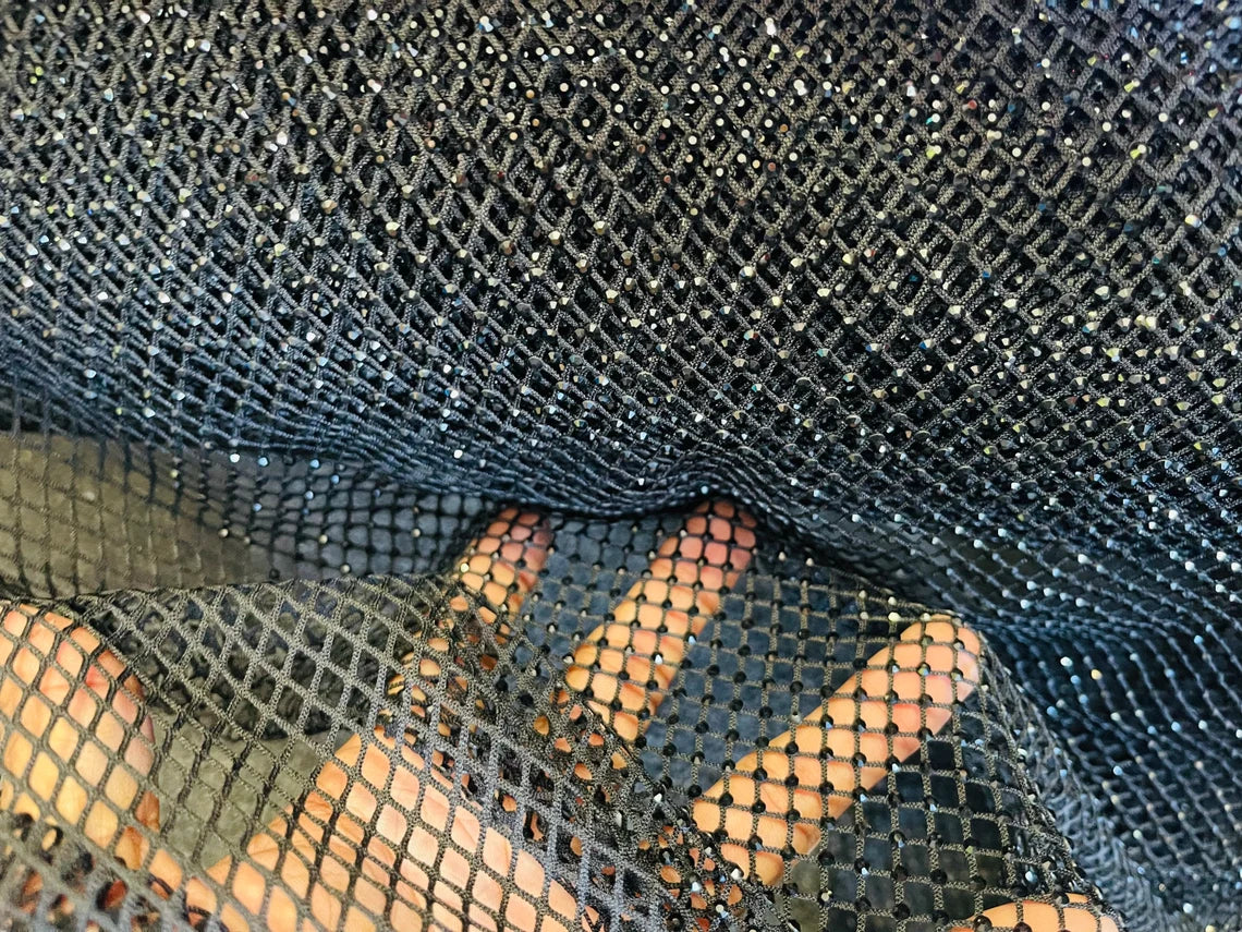 Fish Net Spandex Rhinestone Fabric - Black - Solid Spandex Fish Net Design Fabric with Rhinestones by Yard
