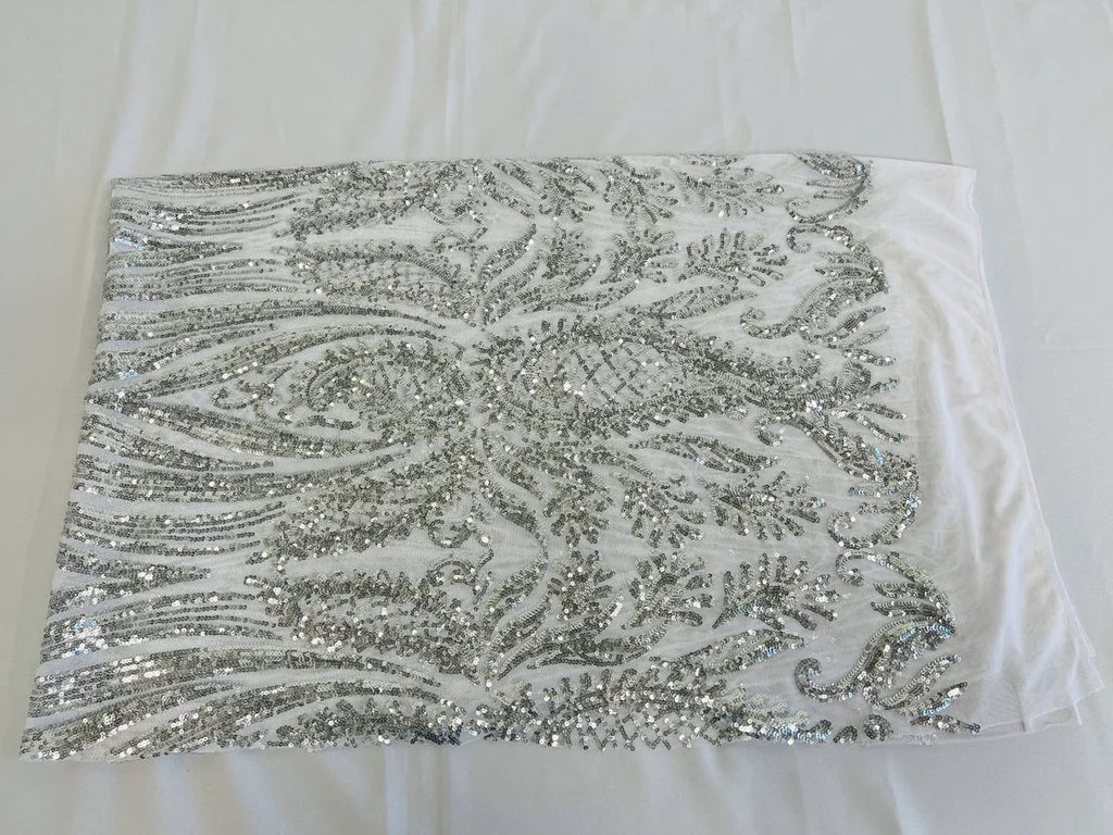 Paisley Sequin Fabric - Silver - Line Pattern 4 Way Stretch Elegant Fabric By The Yard