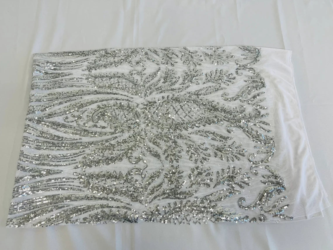 Paisley Sequin Fabric - Silver - Line Pattern 4 Way Stretch Elegant Fabric By The Yard