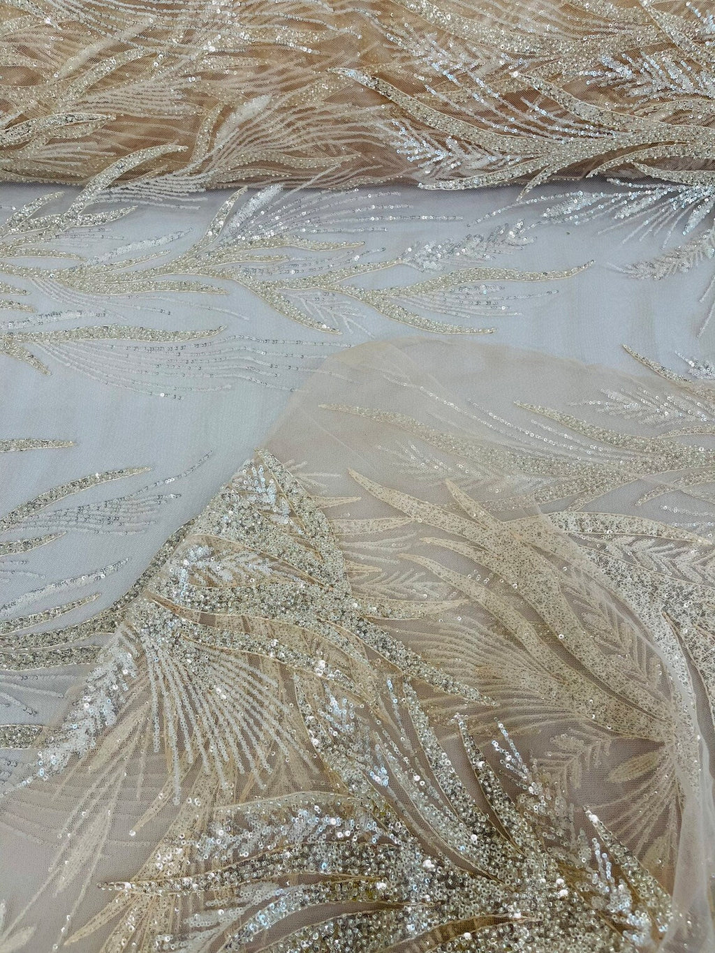 Leaf Pattern Lines Beaded Fabric - Nude - Embroidered Line Beaded Wedding Bridal Fabric Sold By The Yard
