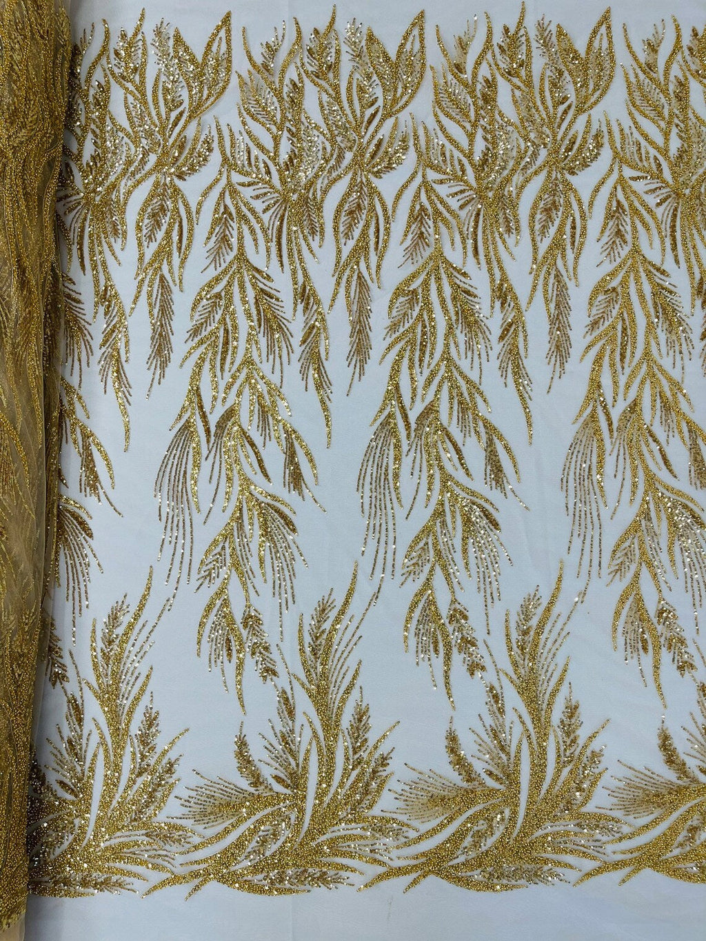 Leaf Pattern Lines Beaded Fabric - Gold - Embroidered Line Beaded Wedding Bridal Fabric Sold By The Yard