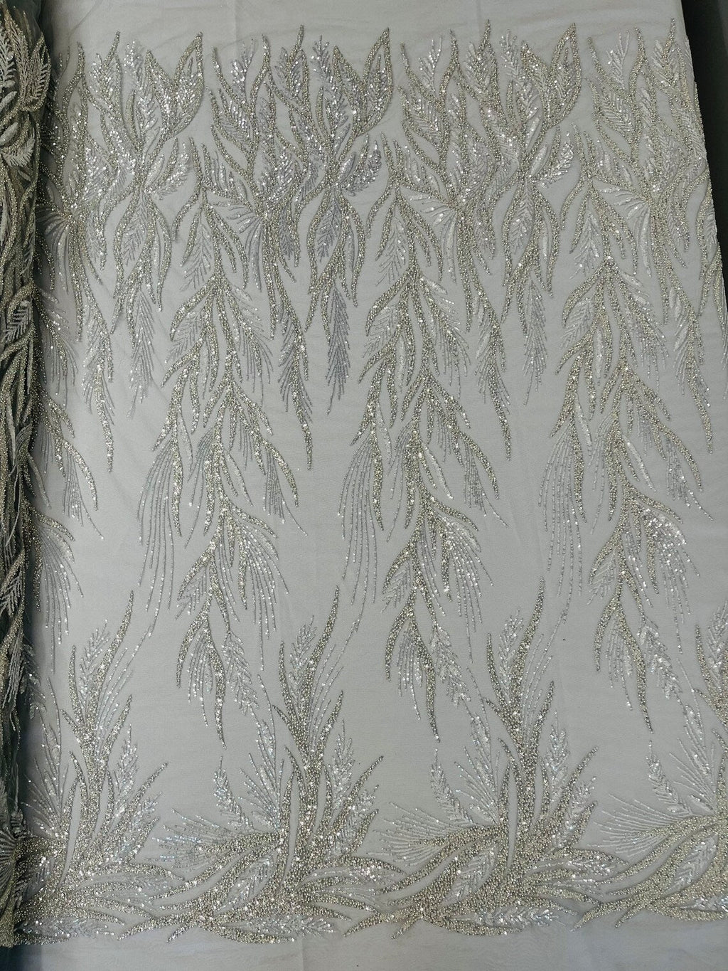Leaf Pattern Lines Beaded Fabric - Silver - Embroidered Line Beaded Wedding Bridal Fabric Sold By The Yard