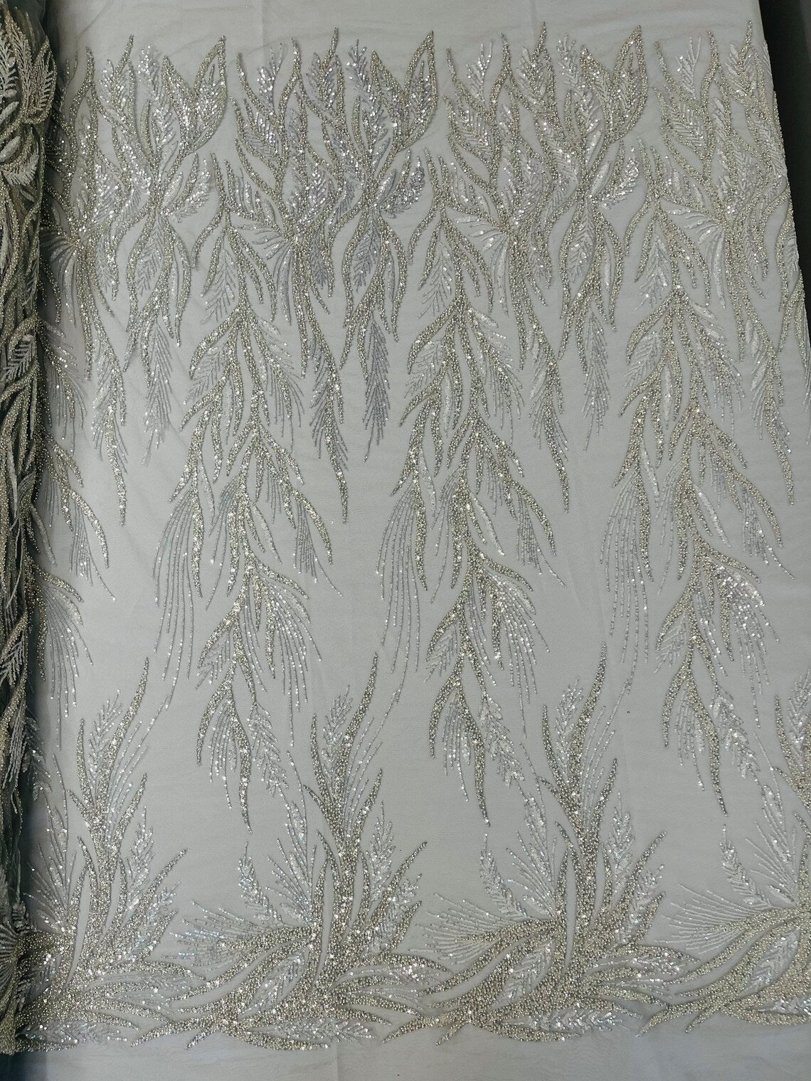 Leaf Pattern Lines Beaded Fabric - Silver - Embroidered Line Beaded Wedding Bridal Fabric Sold By The Yard