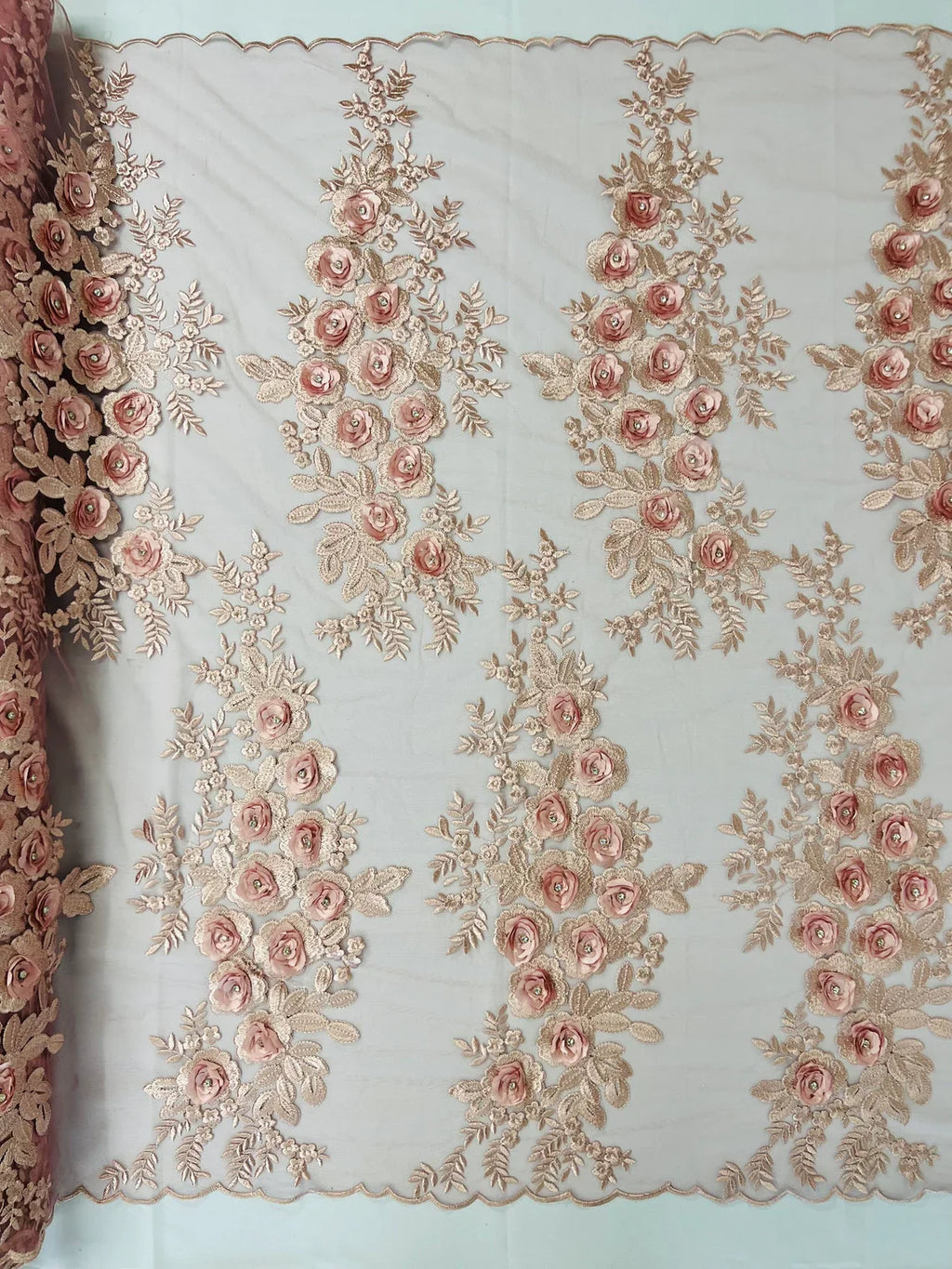 3D Rhinestone Rose Fabric - Dusty Rose - Embroidered 3D Roses Design on Mesh Fabric Sold by Yard