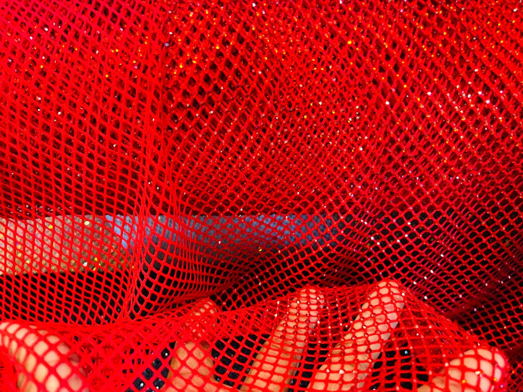 Fish Net Spandex Rhinestone Fabric - Red - Solid Spandex Fish Net Design Fabric with Rhinestones by Yard