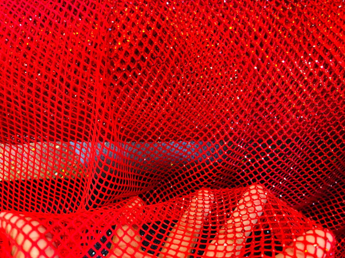 Fish Net Spandex Rhinestone Fabric - Red - Solid Spandex Fish Net Design Fabric with Rhinestones by Yard