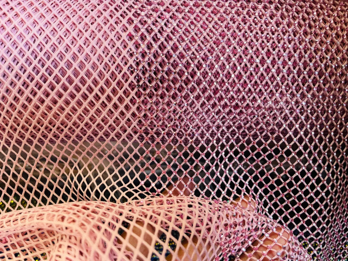 Fish Net Spandex Rhinestone Fabric - Pink - Solid Spandex Fish Net Design Fabric with Rhinestones by Yard