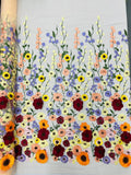 3D Floral and Leaves Embroidery - Champagne - Multi Color Flower Design on Mesh by Yard