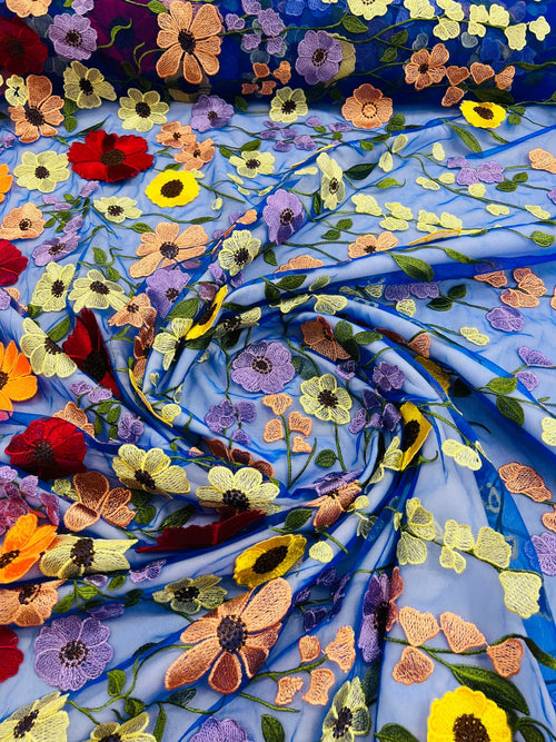 3D Floral and Leaves Embroidery - Royal Blue - Multi Color Flower Design on Mesh by Yard