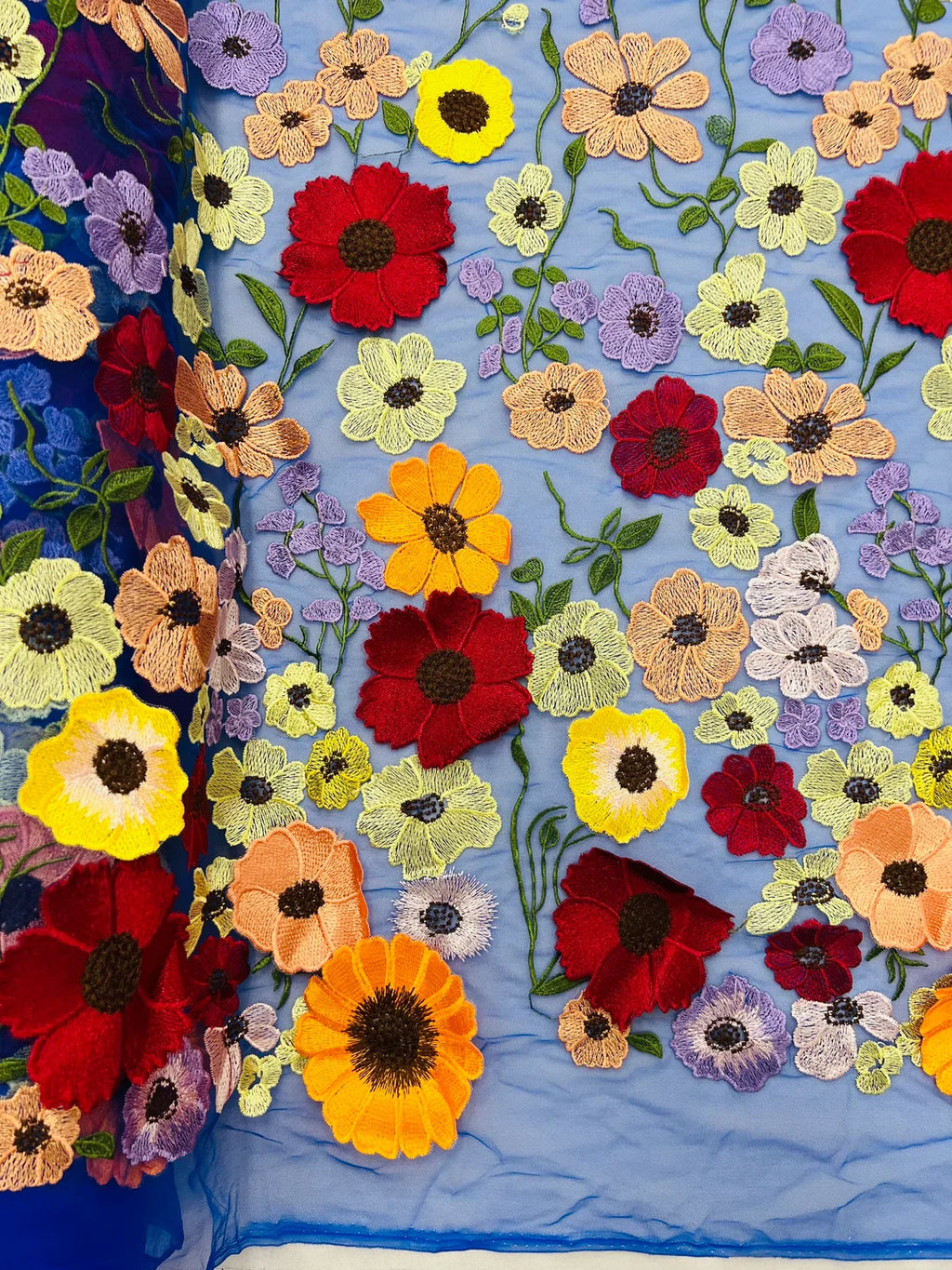 3D Floral and Leaves Embroidery - Royal Blue - Multi Color Flower Design on Mesh by Yard