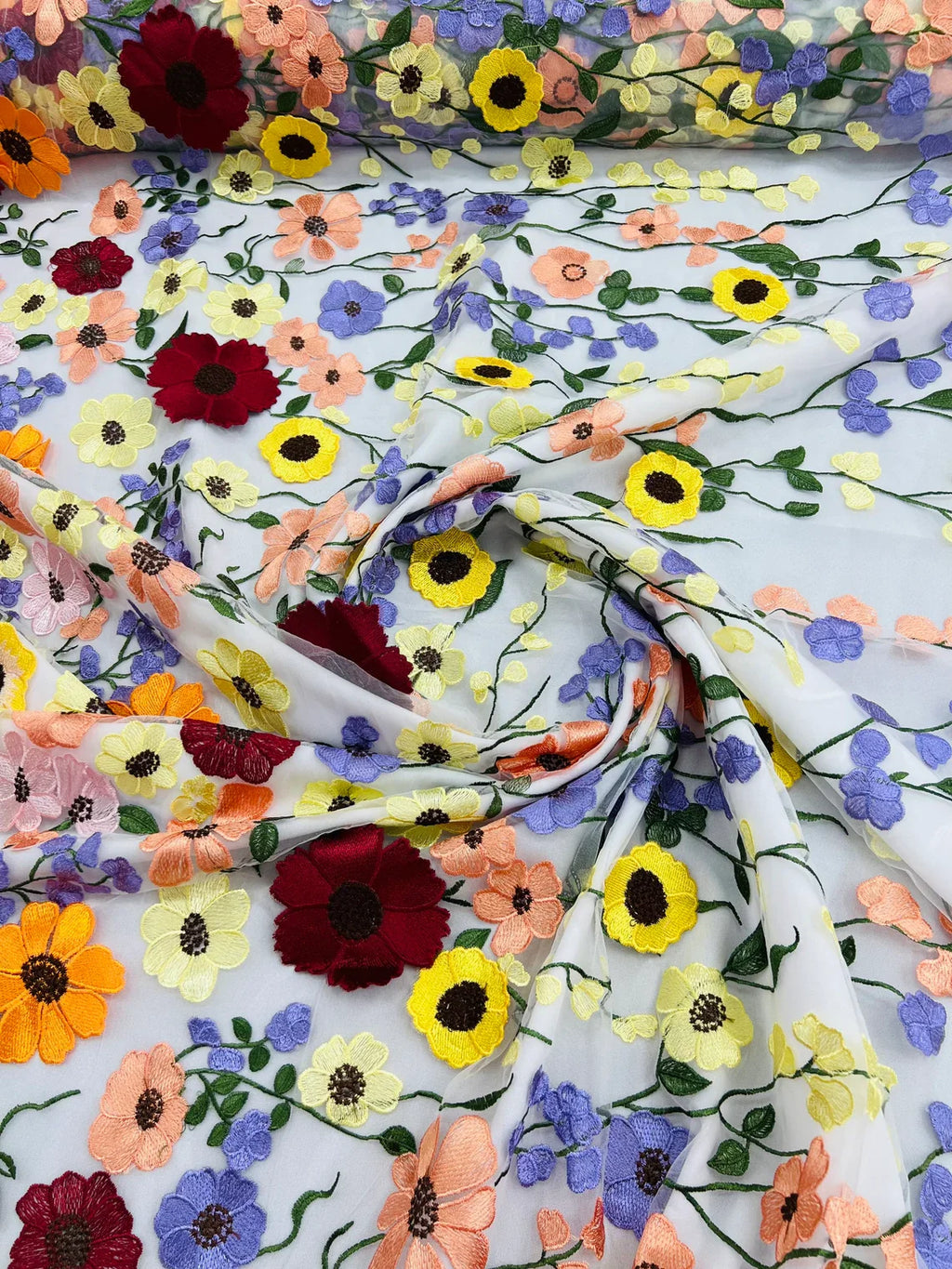 3D Floral and Leaves Embroidery - Off-White - Multi Color Flower Design on Mesh by Yard