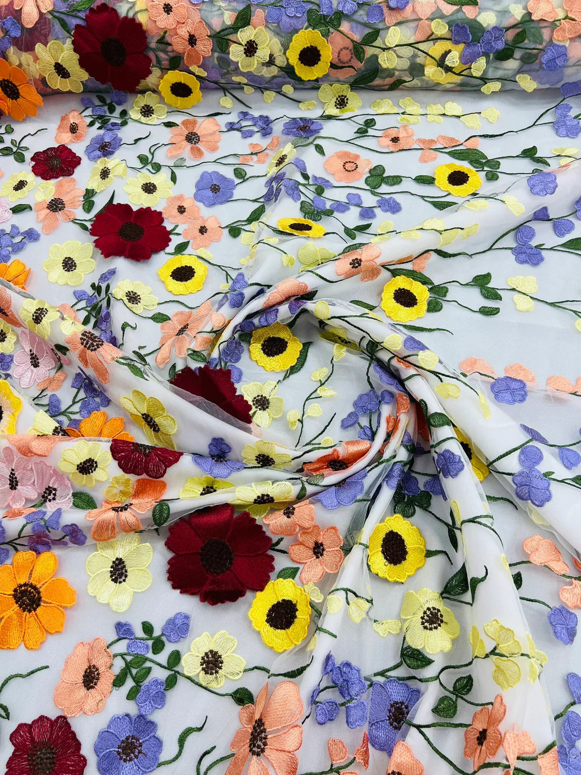 3D Floral and Leaves Embroidery - Off-White - Multi Color Flower Design on Mesh by Yard