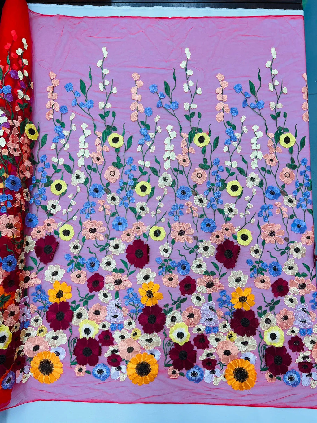 3D Floral and Leaves Embroidery - Red - Multi Color Flower Design on Mesh by Yard