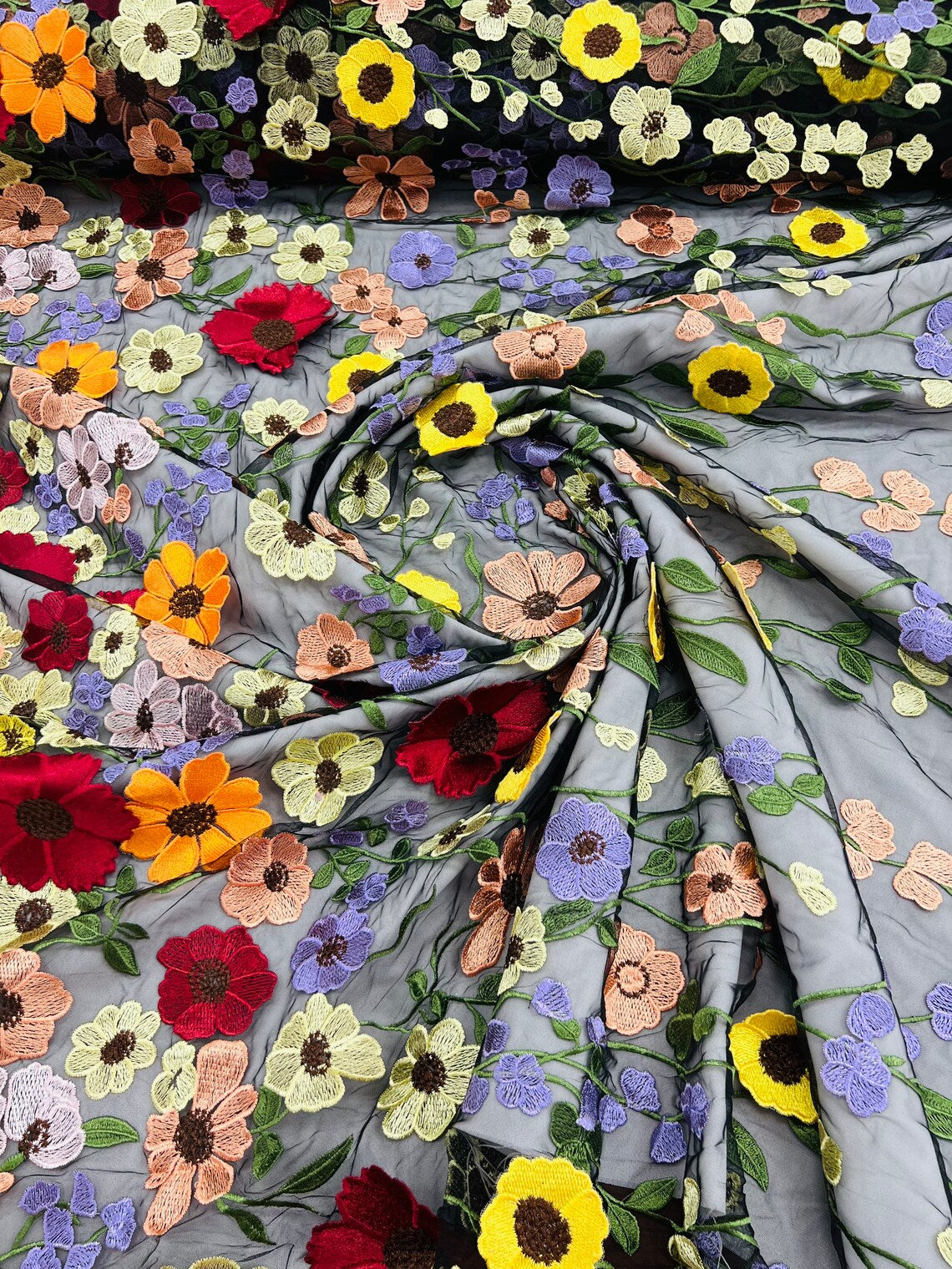 3D Floral and Leaves Embroidery - Black - Multi Color Flower Design on Mesh by Yard