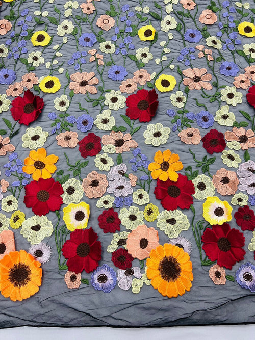 3D Floral and Leaves Embroidery - Black - Multi Color Flower Design on Mesh by Yard
