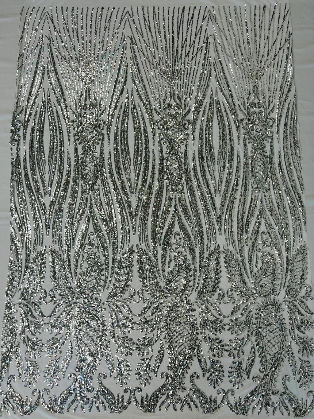 Paisley Sequin Fabric - Silver - Line Pattern 4 Way Stretch Elegant Fabric By The Yard